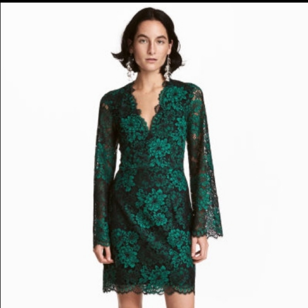 H&M Green & Black Lace V-Neck Dress